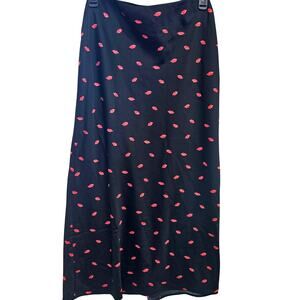 A New Day Black Long A-Line Midii Skirt Red Lips Size XL NWT Feminine Romantic